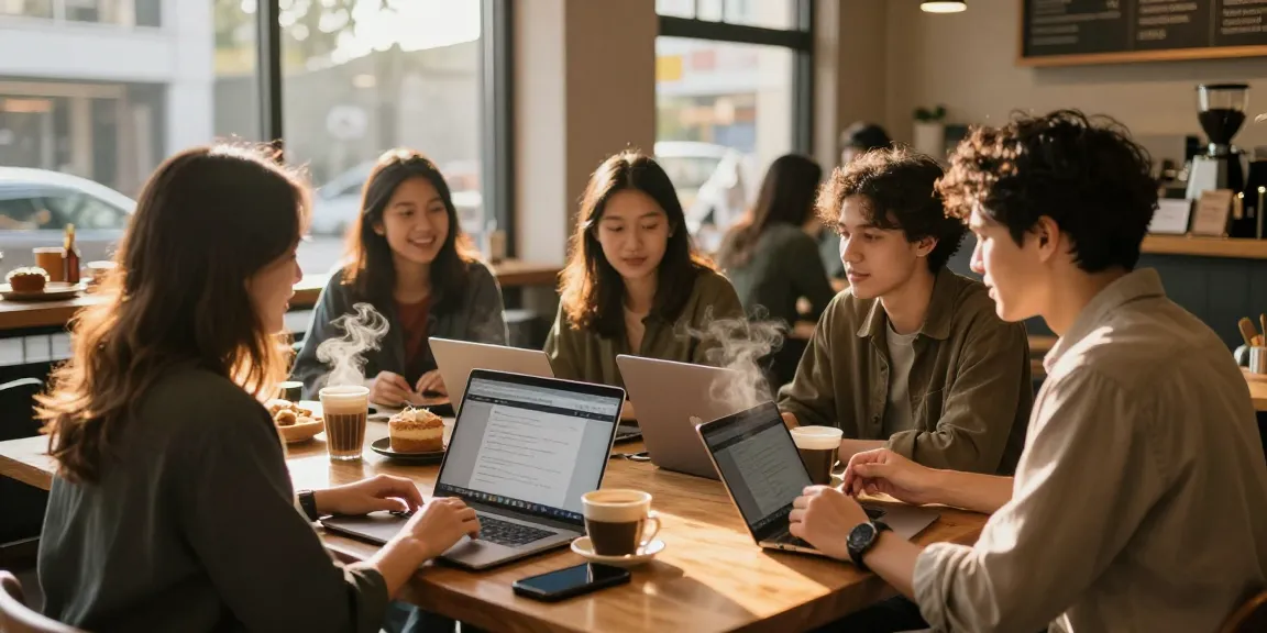 Young adults enjoying coffee and conversation while using rokok88 platform in cozy shop.