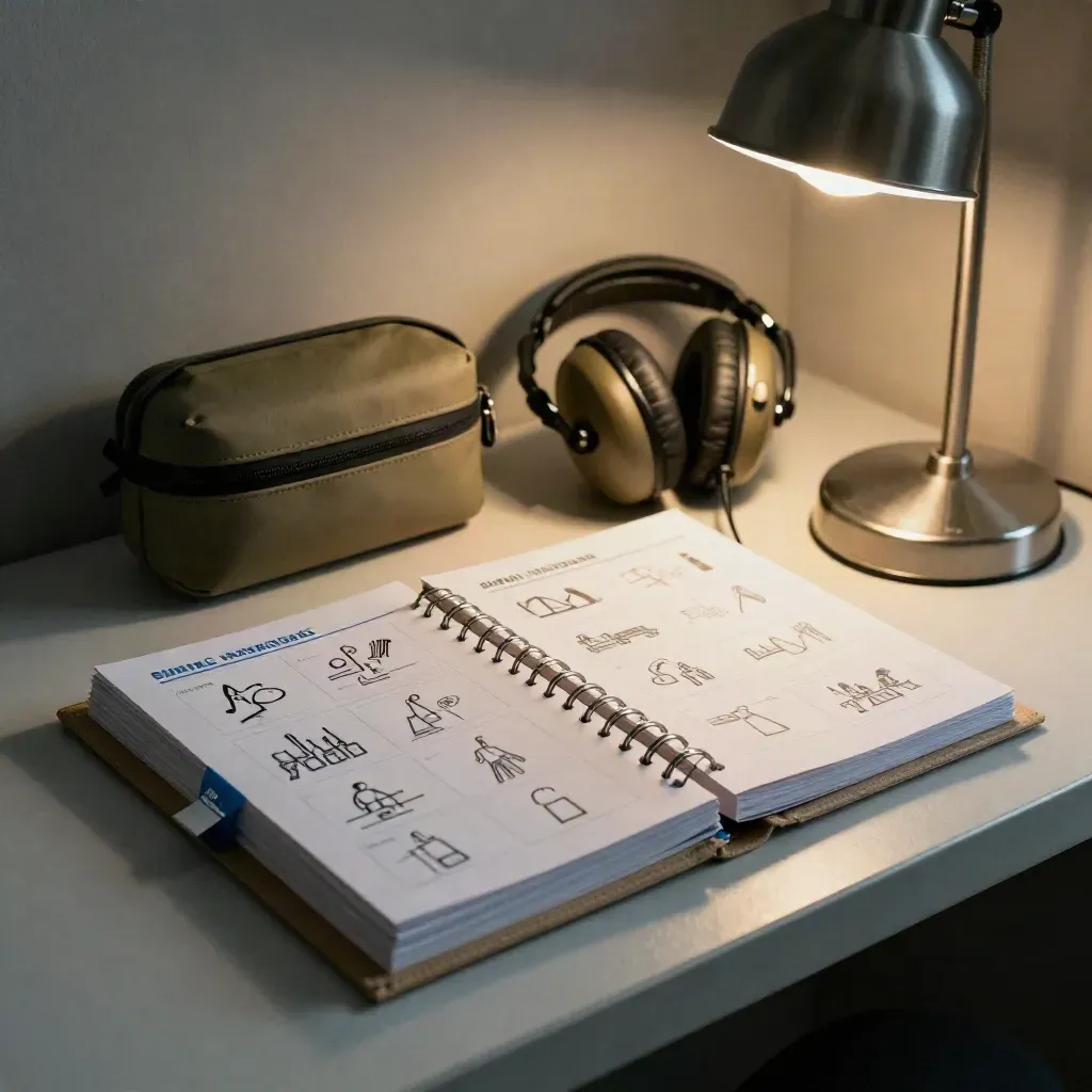 Trainingsmaterial mit Karten, Ringmappe, Headset-Case und Lampe in dramatischem Licht.