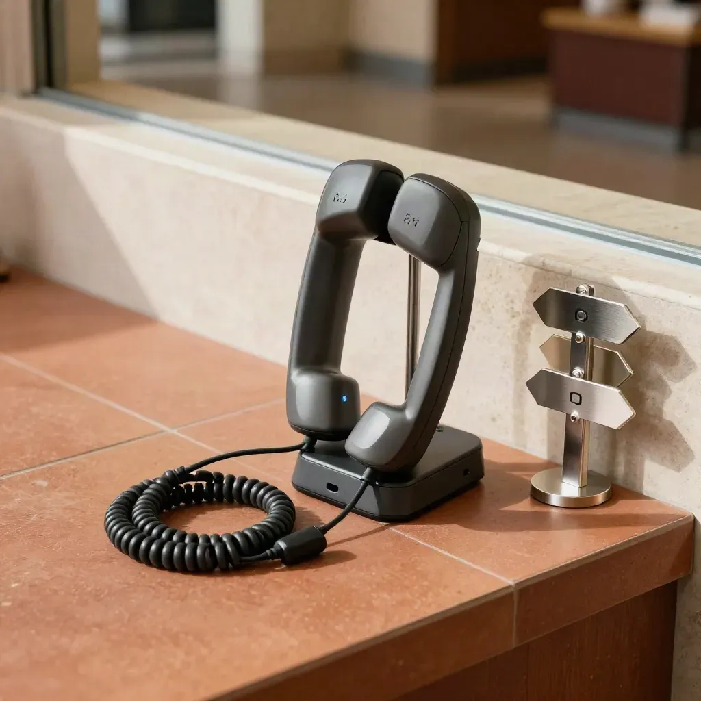Kontaktkit mit Telefonständer, Earpiece-Kabel, Ladestation und kleinen Wegemarkern